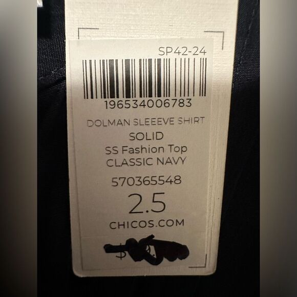 Chico’s Pintuck Dolman Sleeve Shirt Size 2.5 US 14 Cap Sleeve Neck Button Navy - Picture 7 of 10